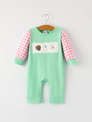 Christmas Green Santa Smock Applique Plaid Baby Boys Romper