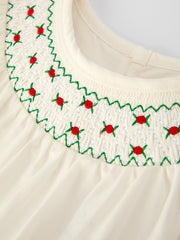 Christmas Girl's Romper : Delicate Embroidery with Red Bow Details