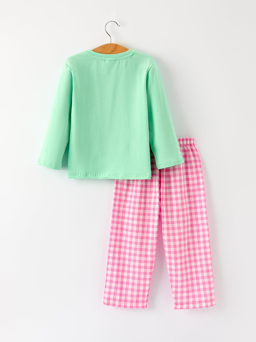 Christmas Green Santa Applique Plaid Boys Set