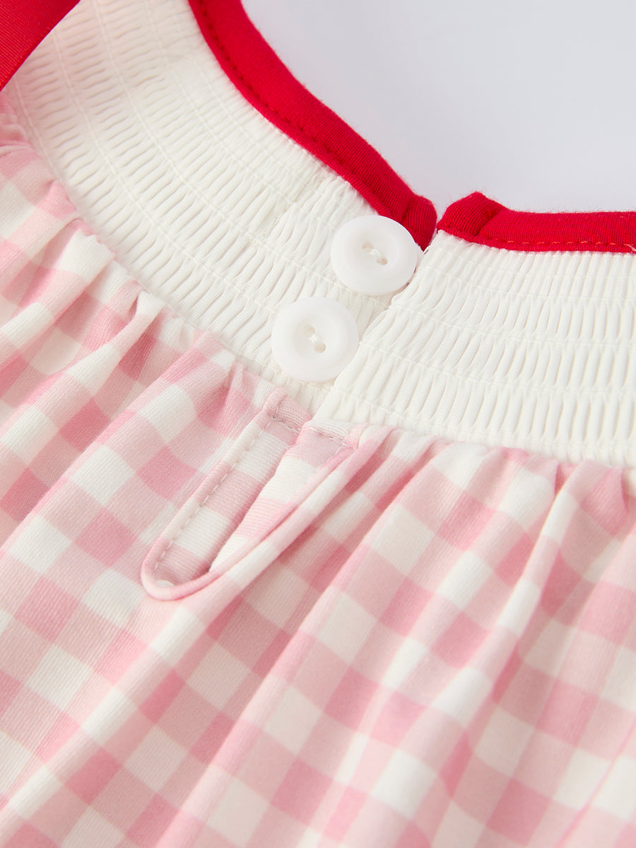 Pink Gingham Christmas Baby Girls Romper: Santa Embroidery with Red Satin Ribbon