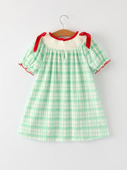 Christmas Girl Smock Embroidery Green Plaid Dress