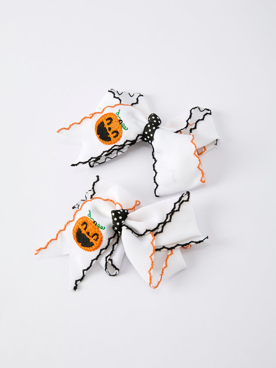 Halloween Pumpkin Hair Bows: White Ribbon Design（2PCS）