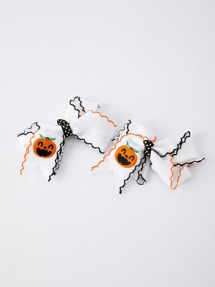 Halloween Pumpkin Hair Bows: White Ribbon Design（2PCS）