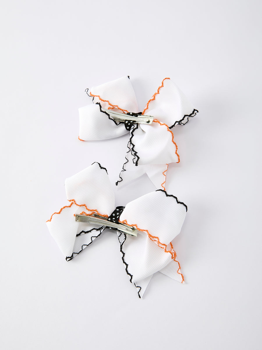 Halloween Pumpkin Hair Bows: White Ribbon Design（2PCS）