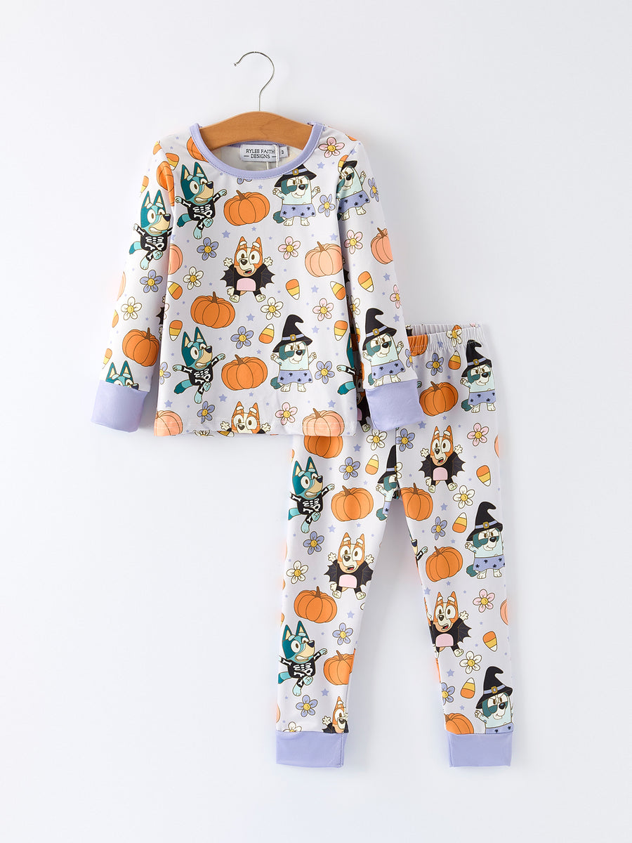Purple Halloween Character Print Girls Pajama Set