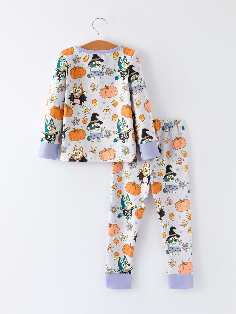 Purple Halloween Character Print Girls Pajama Set