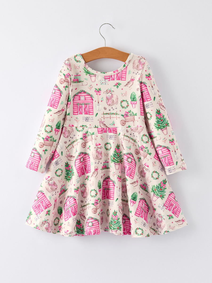 Pink Farmhouse Theme Toddler Girl Dress: Christmas Spirit Outfit