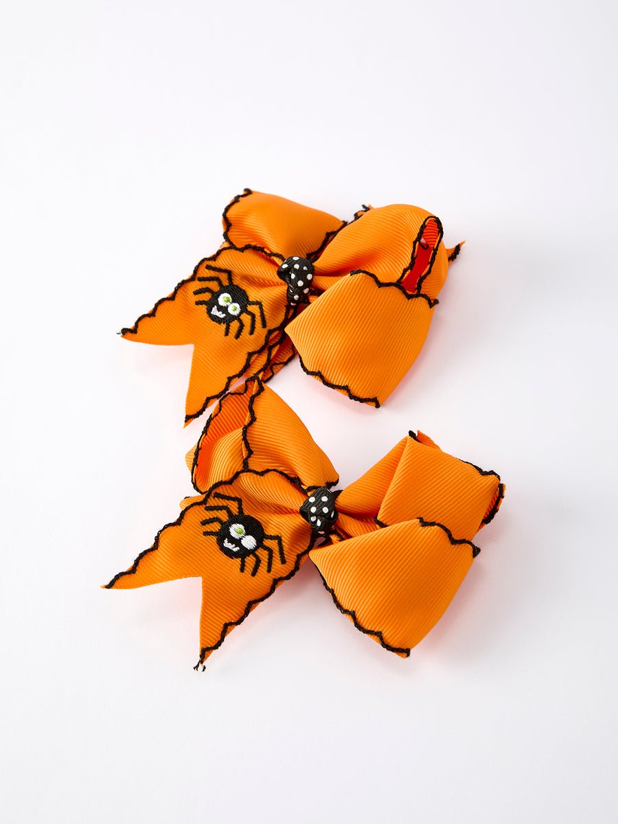 Halloween Spider Hair Bows: Orange Ribbon Design (2PCS)