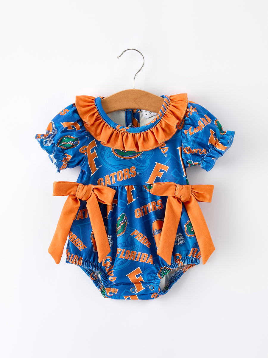 Blue and Orange Bow Sports Baby Girls Romper