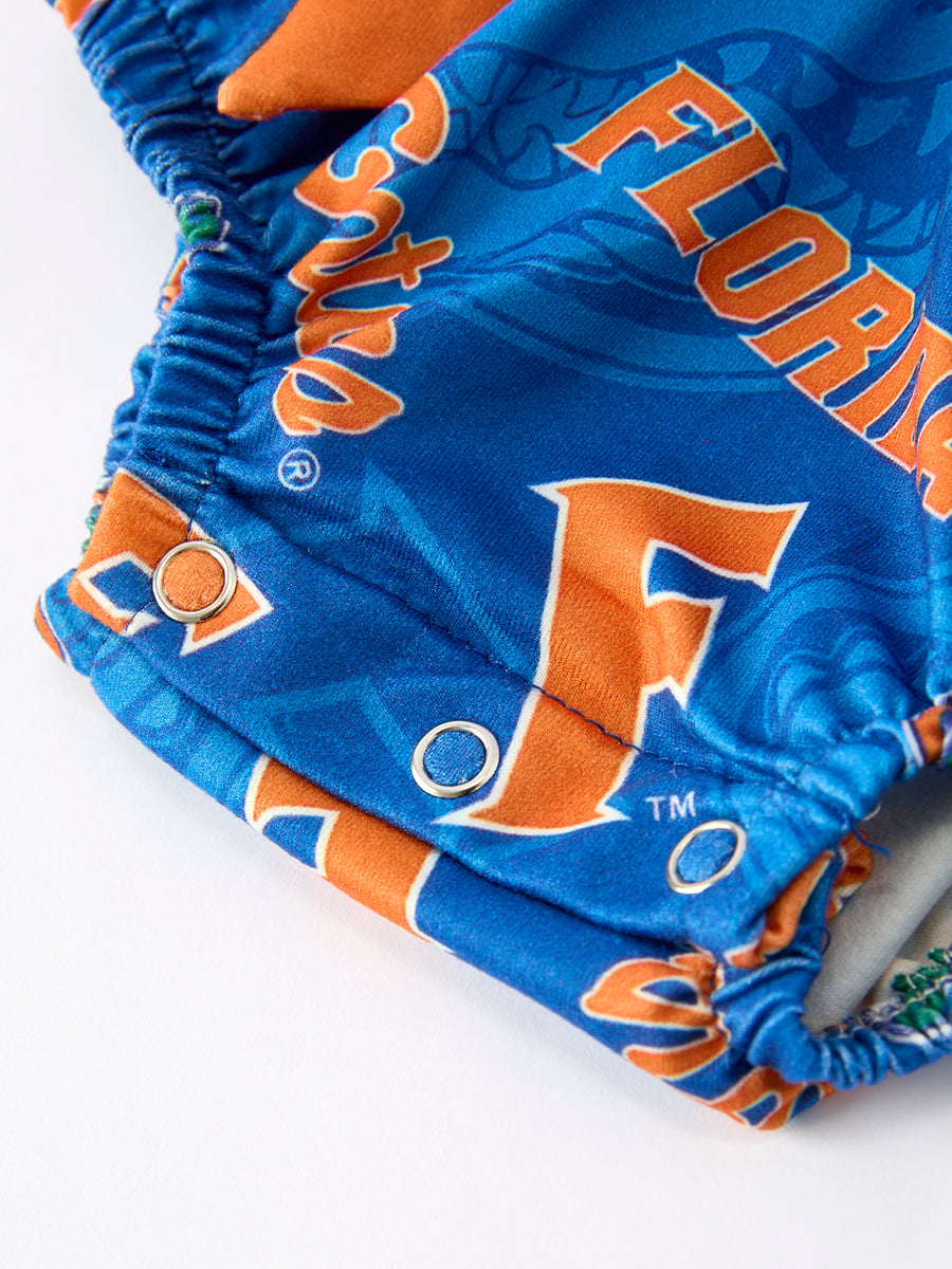 Blue and Orange Bow Sports Baby Girls Romper