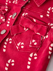 Girls Red Christmas Themed Denim Jacket