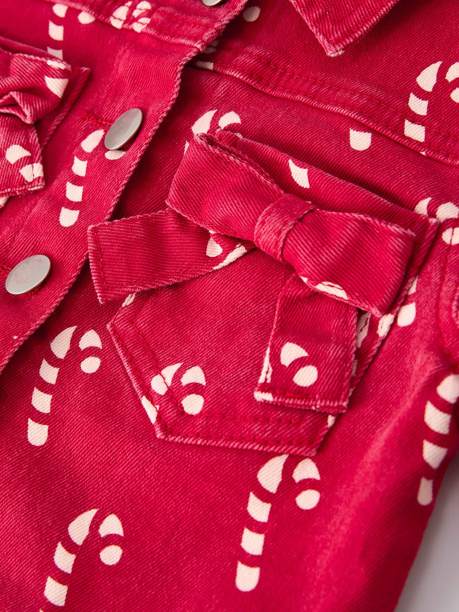 Girls Red Christmas Themed Denim Jacket
