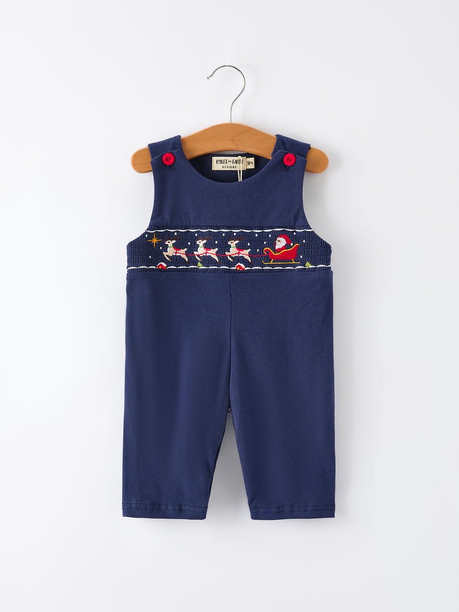 Christmas Holiday Celebration Baby Boys Romper: Navy with Santa Sleigh