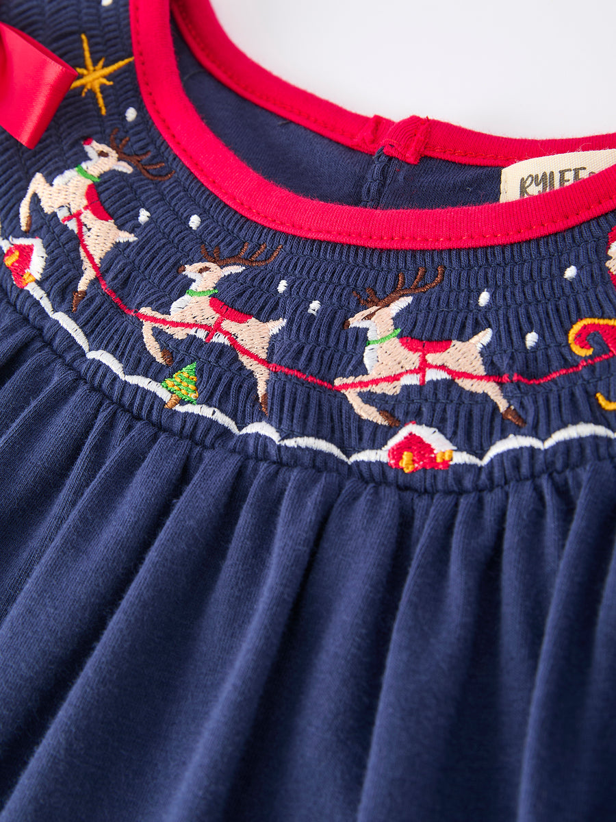 Christmas  Holiday Celebration Dress: Navy with Santa Sleigh