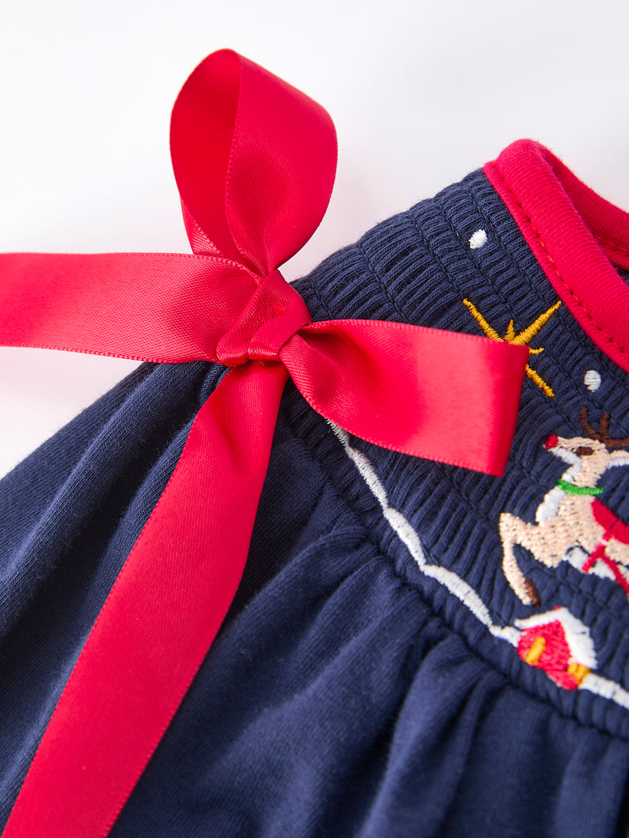 Christmas  Holiday Celebration Dress: Navy with Santa Sleigh