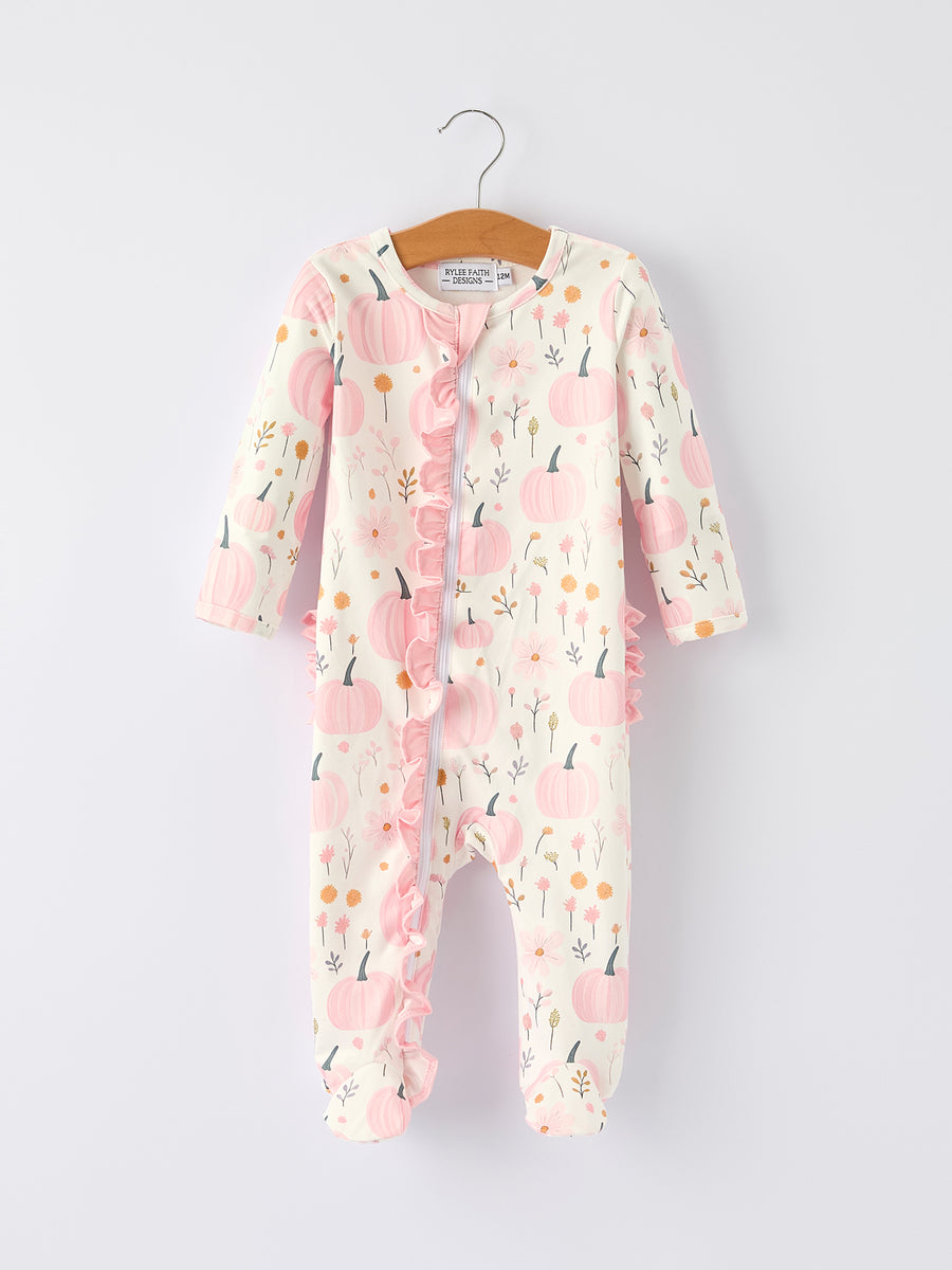 Halloween Thanksgiving Pink Pumpkin Floral Print Baby Girls Romper