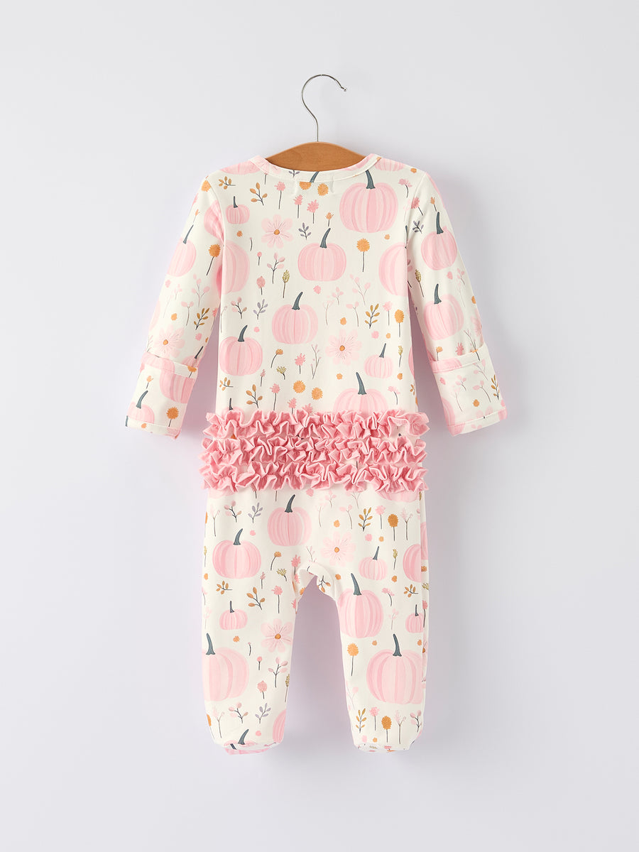 Halloween Thanksgiving Pink Pumpkin Floral Print Baby Girls Romper