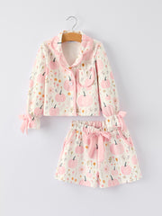 Halloween Thanksgiving Pink Pumpkin Floral Print Pajama Set