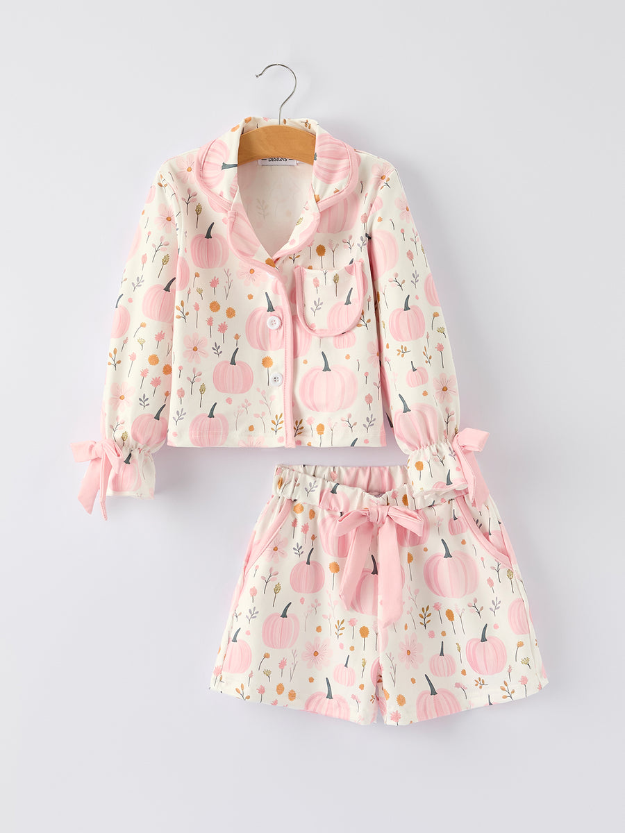 Halloween Thanksgiving Pink Pumpkin Floral Print Pajama Set
