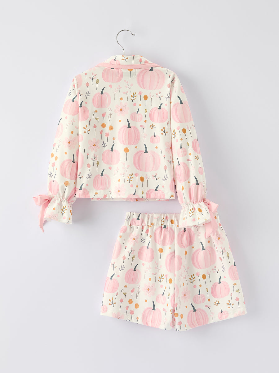Halloween Thanksgiving Pink Pumpkin Floral Print Pajama Set