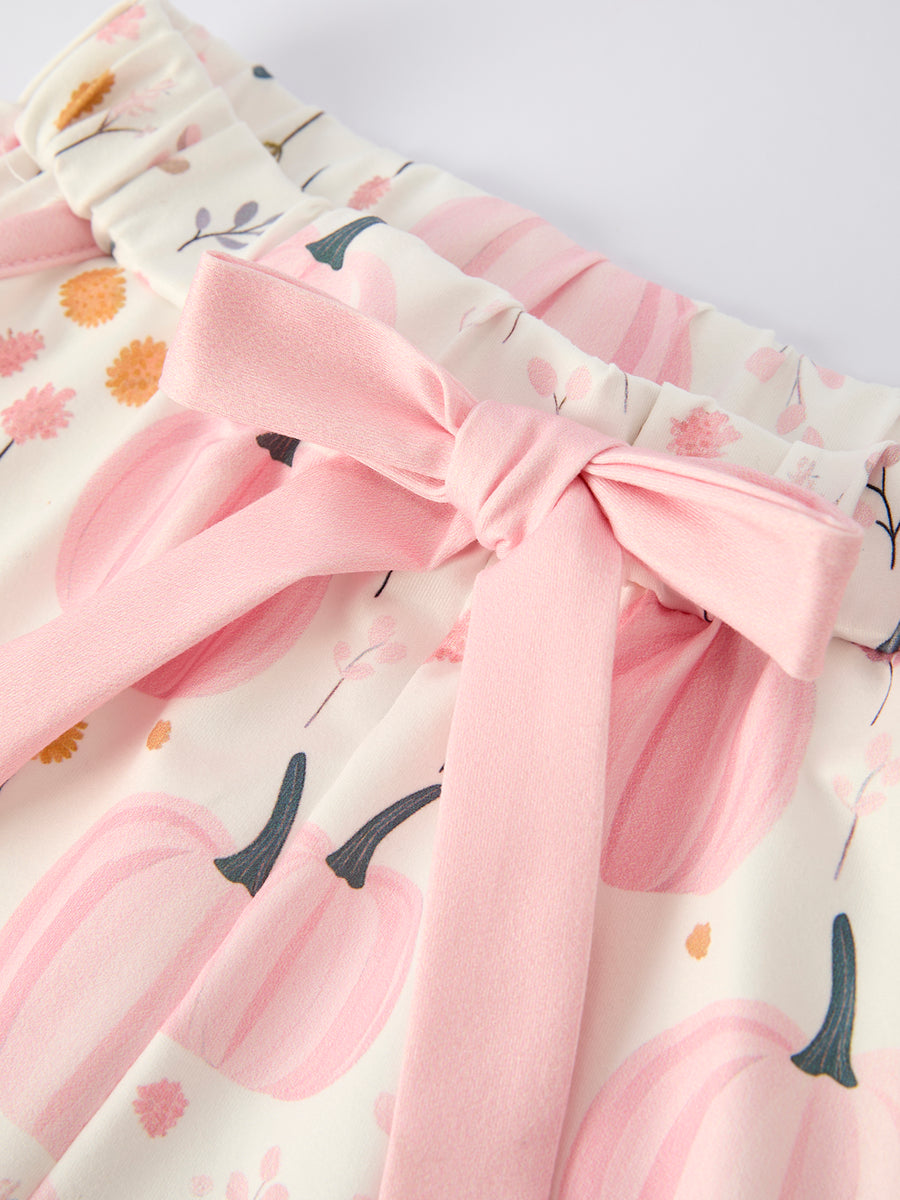 Halloween Thanksgiving Pink Pumpkin Floral Print Pajama Set