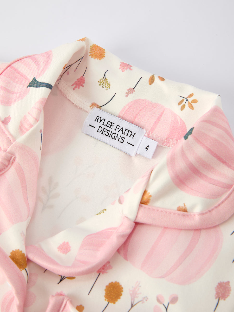 Halloween Thanksgiving Pink Pumpkin Floral Print Pajama Set