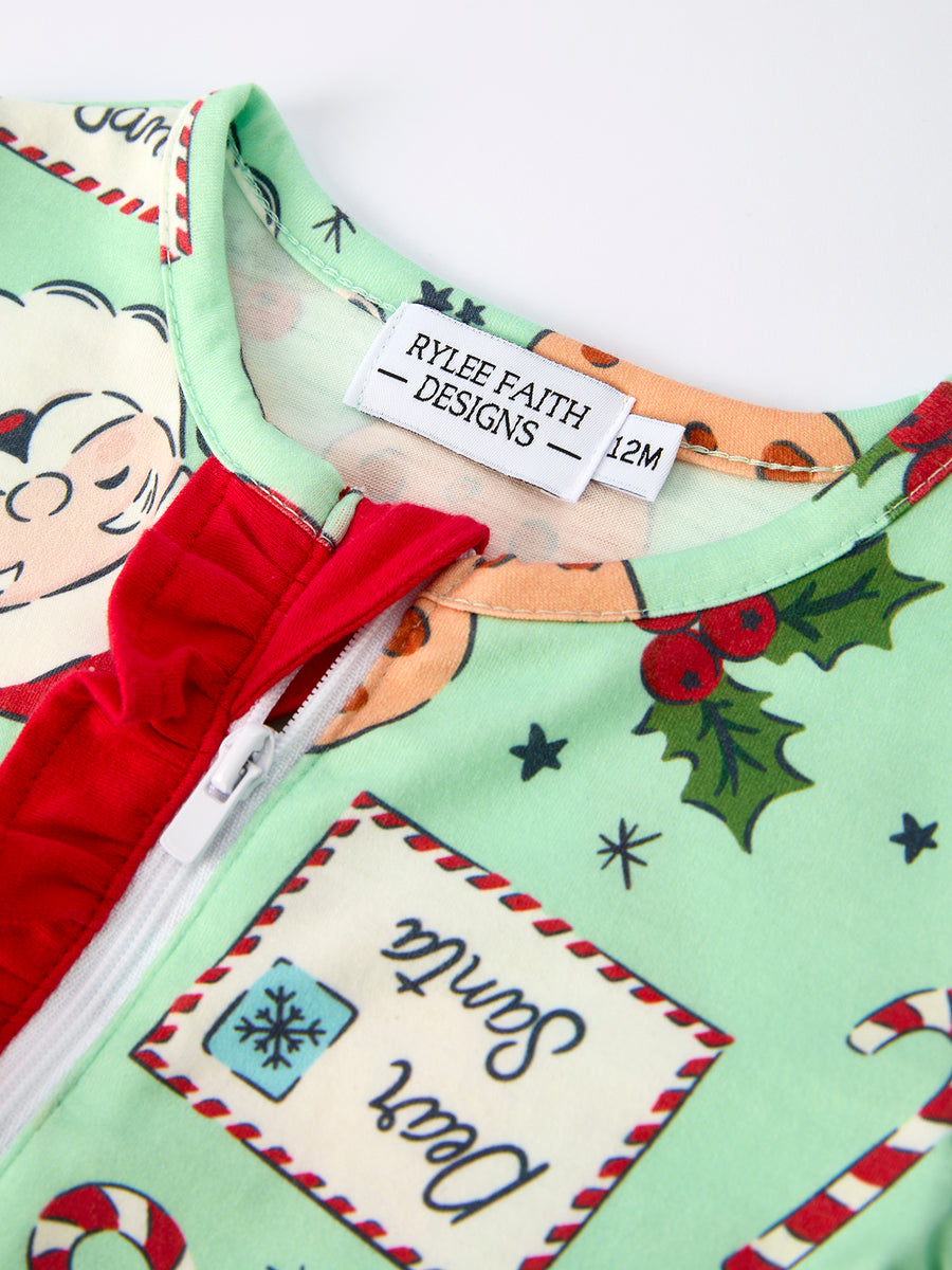 Christmas Santa Cookie Print Baby Girls Romper with Red Bow Detail