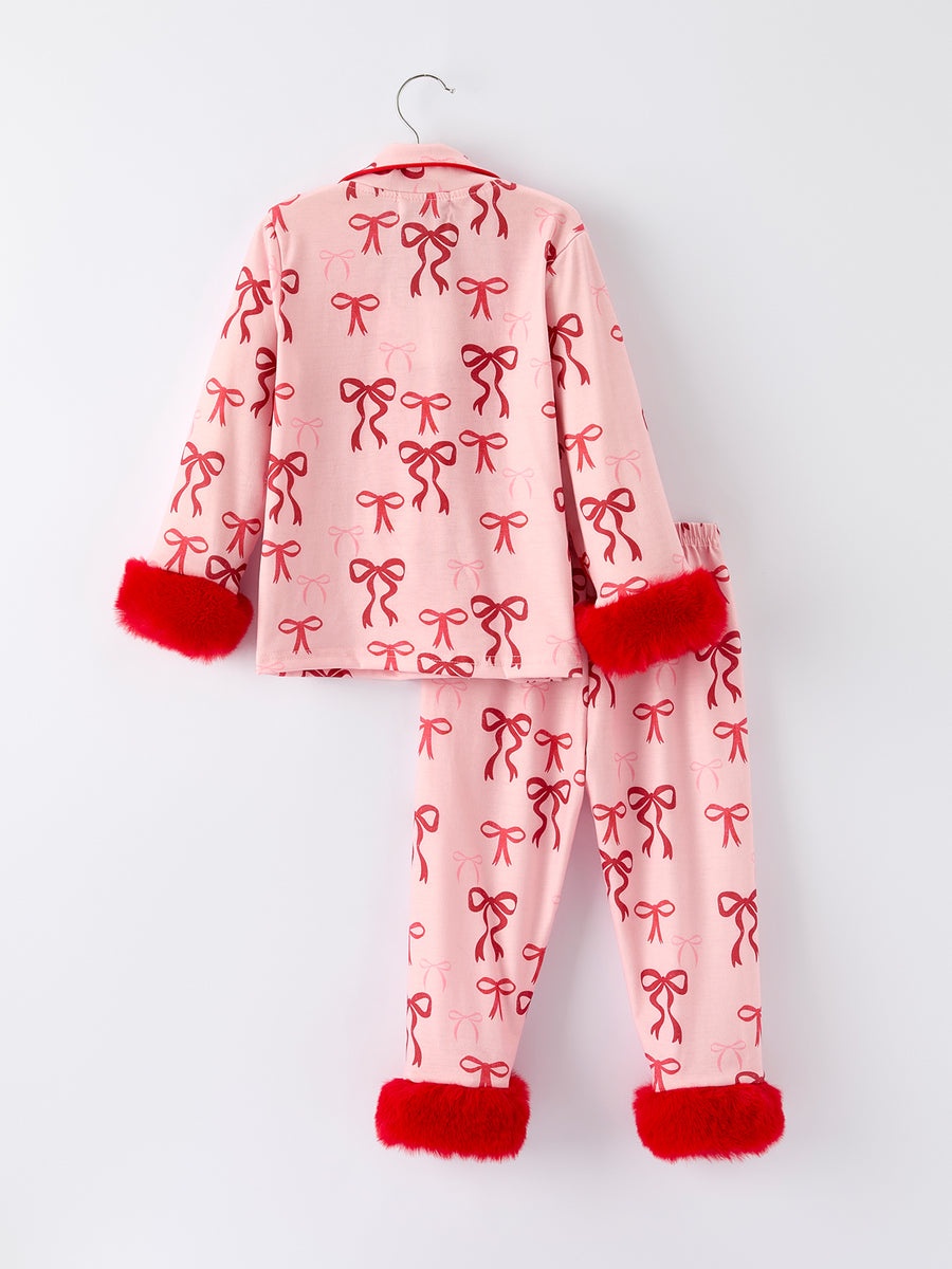 Christmas Bow Girls Pajama Set with Furry Trim