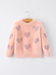 Valentine's Day Light Pink Girls Heart Sequins Sweater