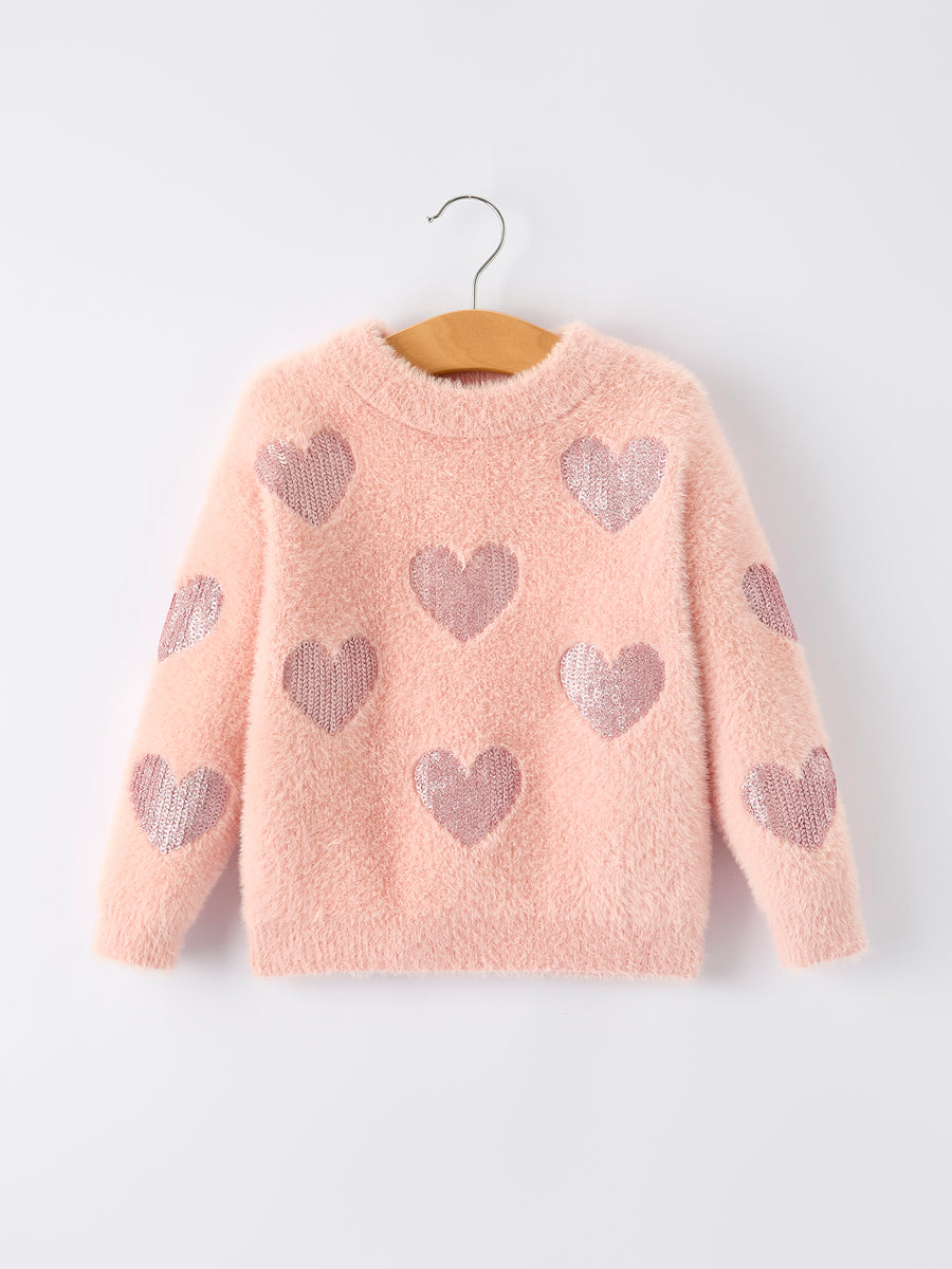 Valentine's Day Light Pink Girls Heart Sequins Sweater