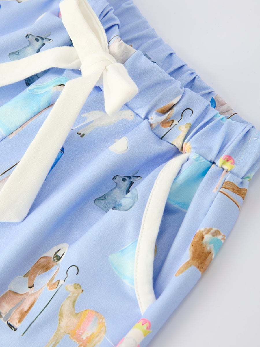 Blue Christmas Nativity Pattern Girls Pajamas Set