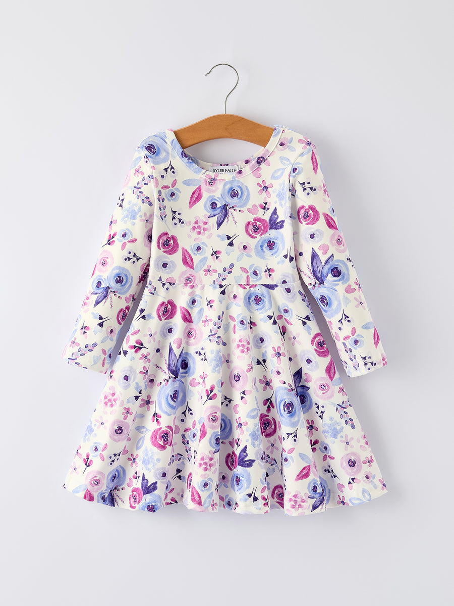 Christmas Purple Floral Baby Girl Dress with Long Sleeves