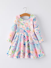 Christmas Floral Print Girl Dress with Long Sleeves