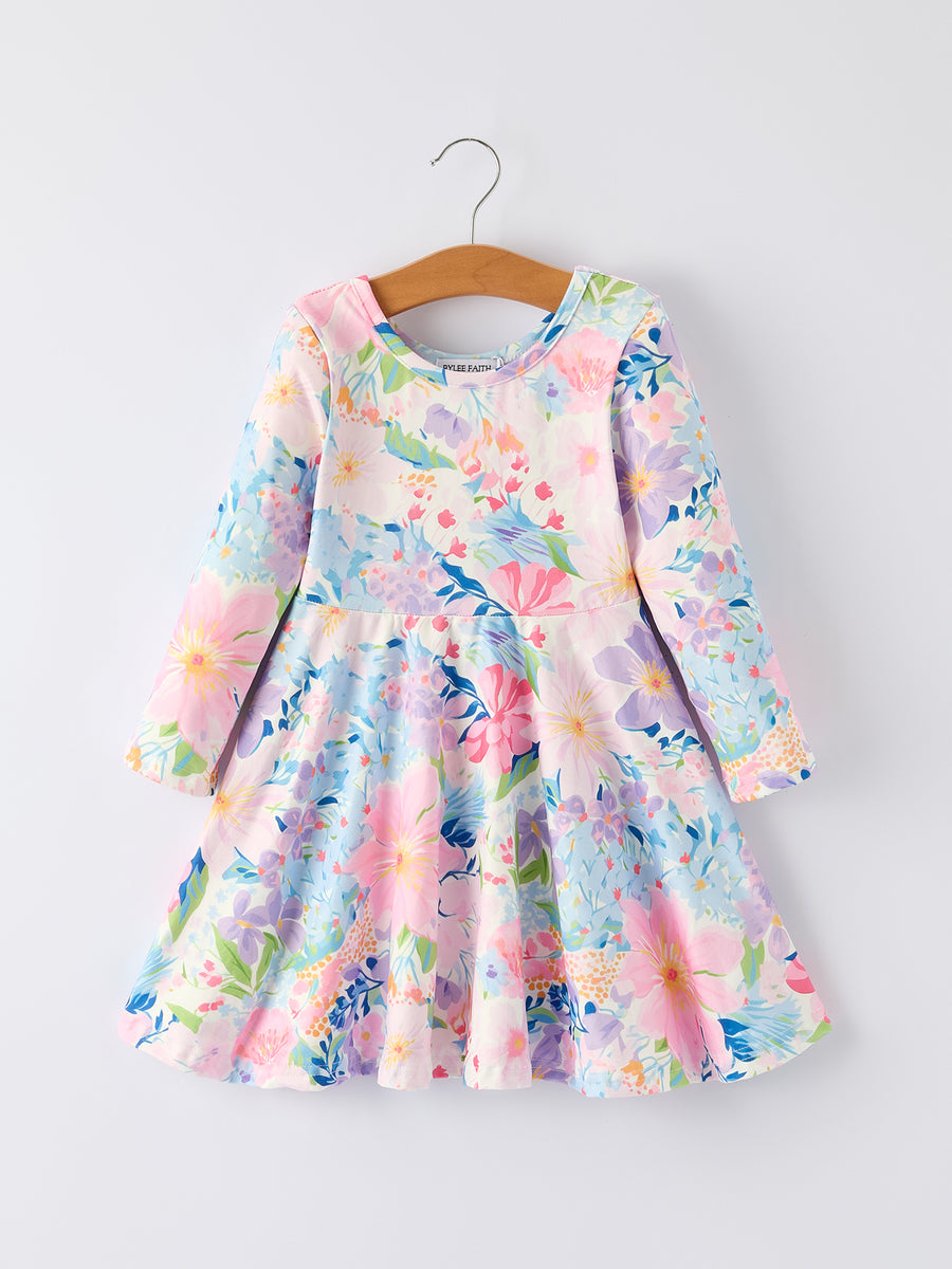 Christmas Floral Print Girl Dress with Long Sleeves