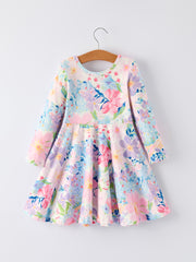 Christmas Floral Print Girl Dress with Long Sleeves