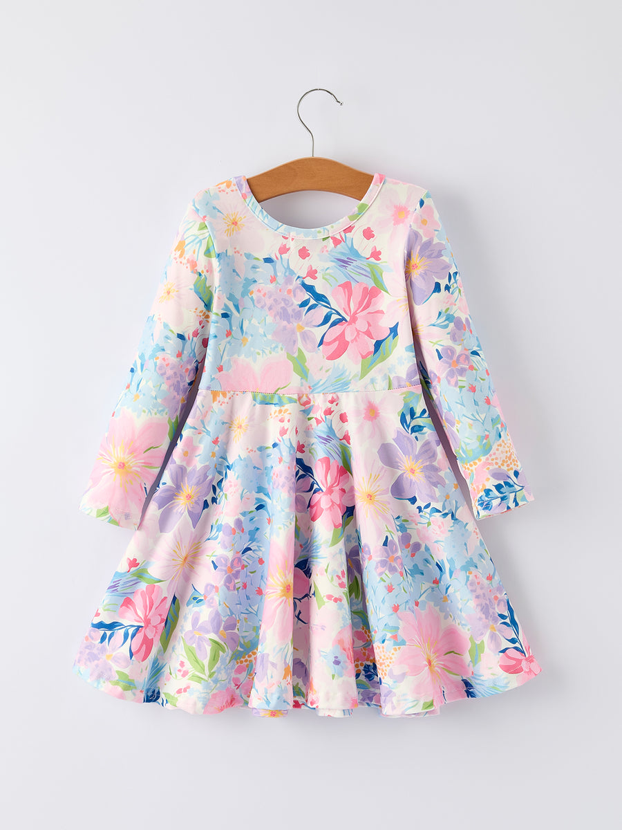 Christmas Floral Print Girl Dress with Long Sleeves