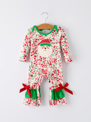 Christmas Santa Applique Baby Girls Floral Long Sleeve Ruffle Romper with Bow Ties