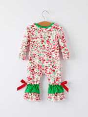 Christmas Santa Applique Baby Girls Floral Long Sleeve Ruffle Romper with Bow Ties