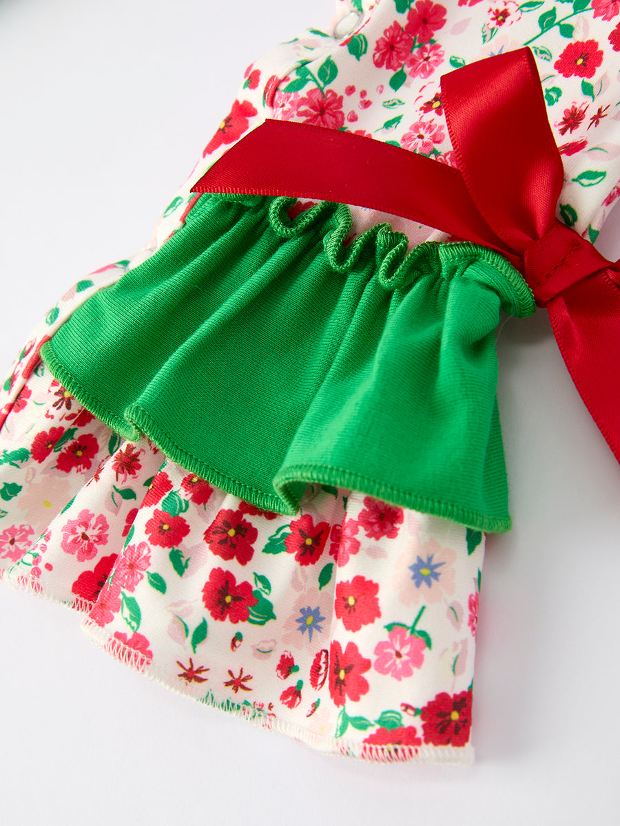 Christmas Santa Applique Baby Girls Floral Long Sleeve Ruffle Romper with Bow Ties