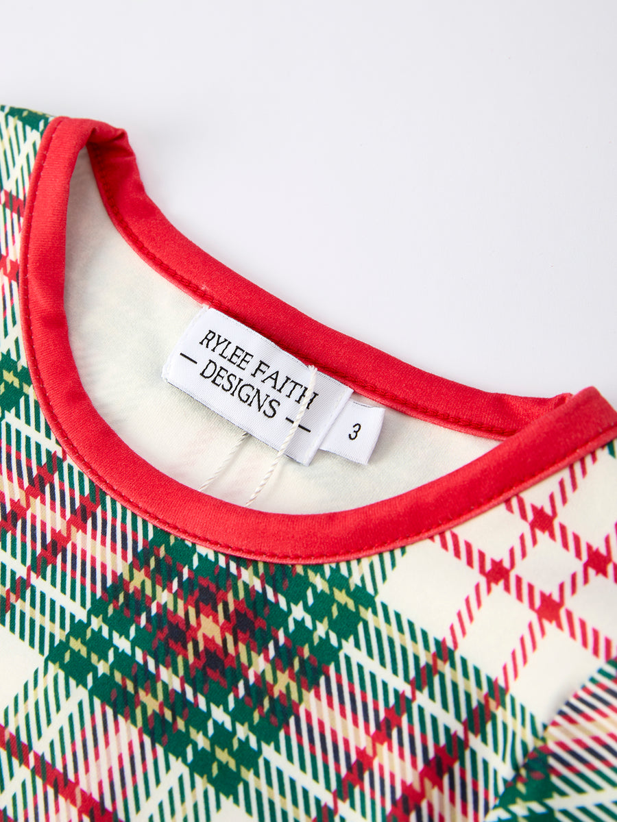 Mommy & Me Christmas Plaid Girls Pajamas Set with Long Sleeves and Red Cuffs