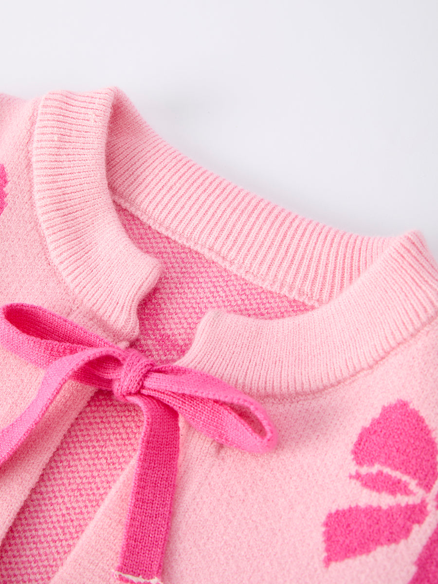 Pink Baby Bow Ribbon Ties Sweater Cardigan