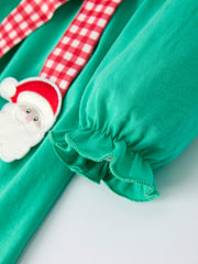 Christmas Cute Santa Applique Red Plaid Bow Girls Dress