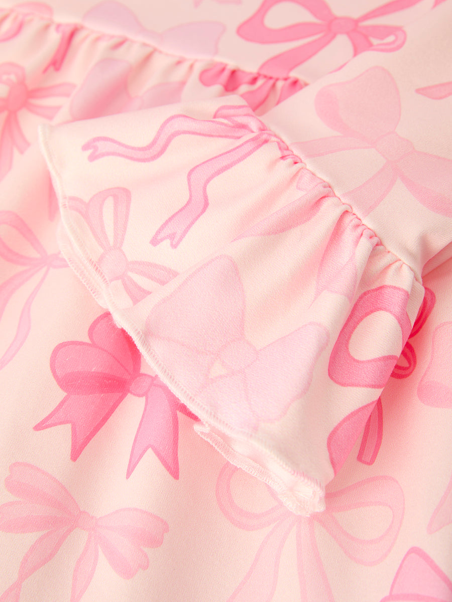 Girls Pink Bow Print Ruffled Long-sleeved Set