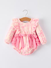 Girls Pink Bow Print Long Sleeves Romper