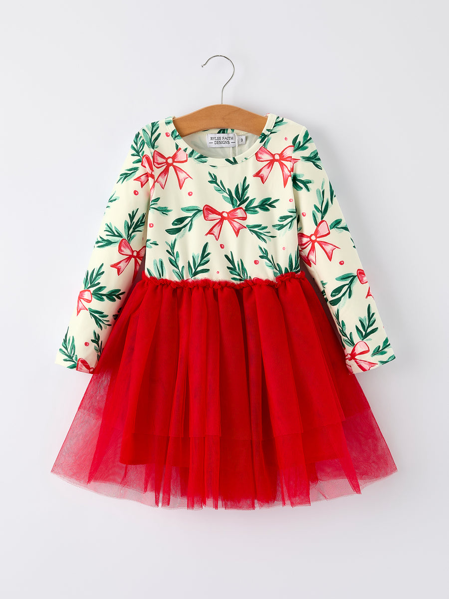 PREORDER Red Tulle Skirt Christmas Tutu Dress and Holly Print