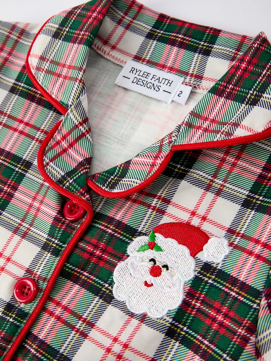 Toddler Girls Christmas long sleeves Plaid Set with Santa Applique