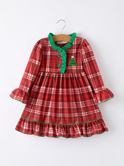 Girls Christmas Plaid Dress with tree Applique and Ruffle Details
