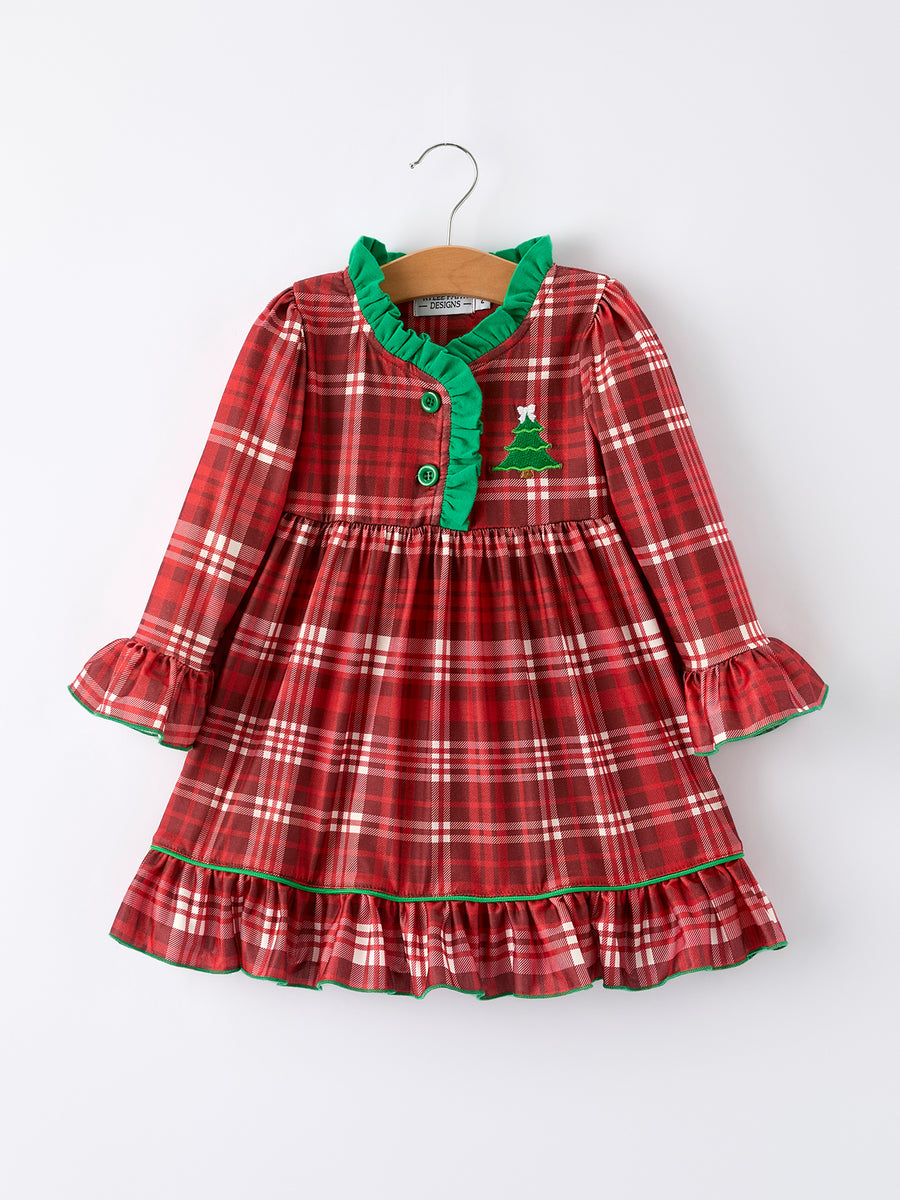 Girls Christmas Plaid Dress with tree Applique and Ruffle Details
