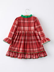 Girls Christmas Plaid Dress with tree Applique and Ruffle Details