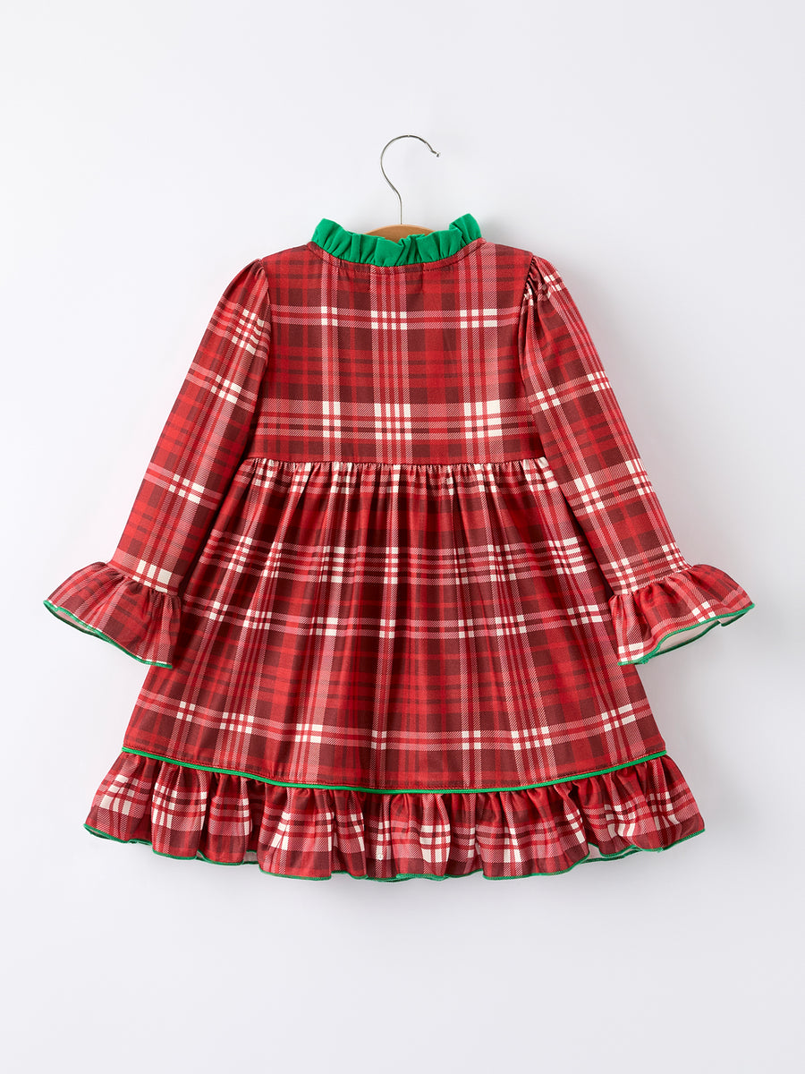 Girls Christmas Plaid Dress with tree Applique and Ruffle Details
